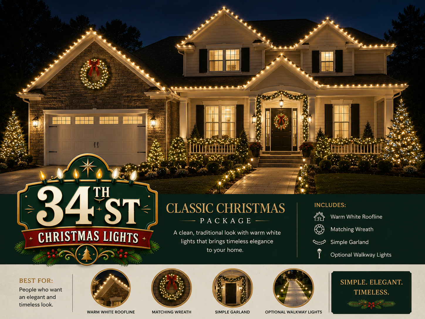 Home with warm white roofline lights, matching wreath and garland — Classic Christmas theme