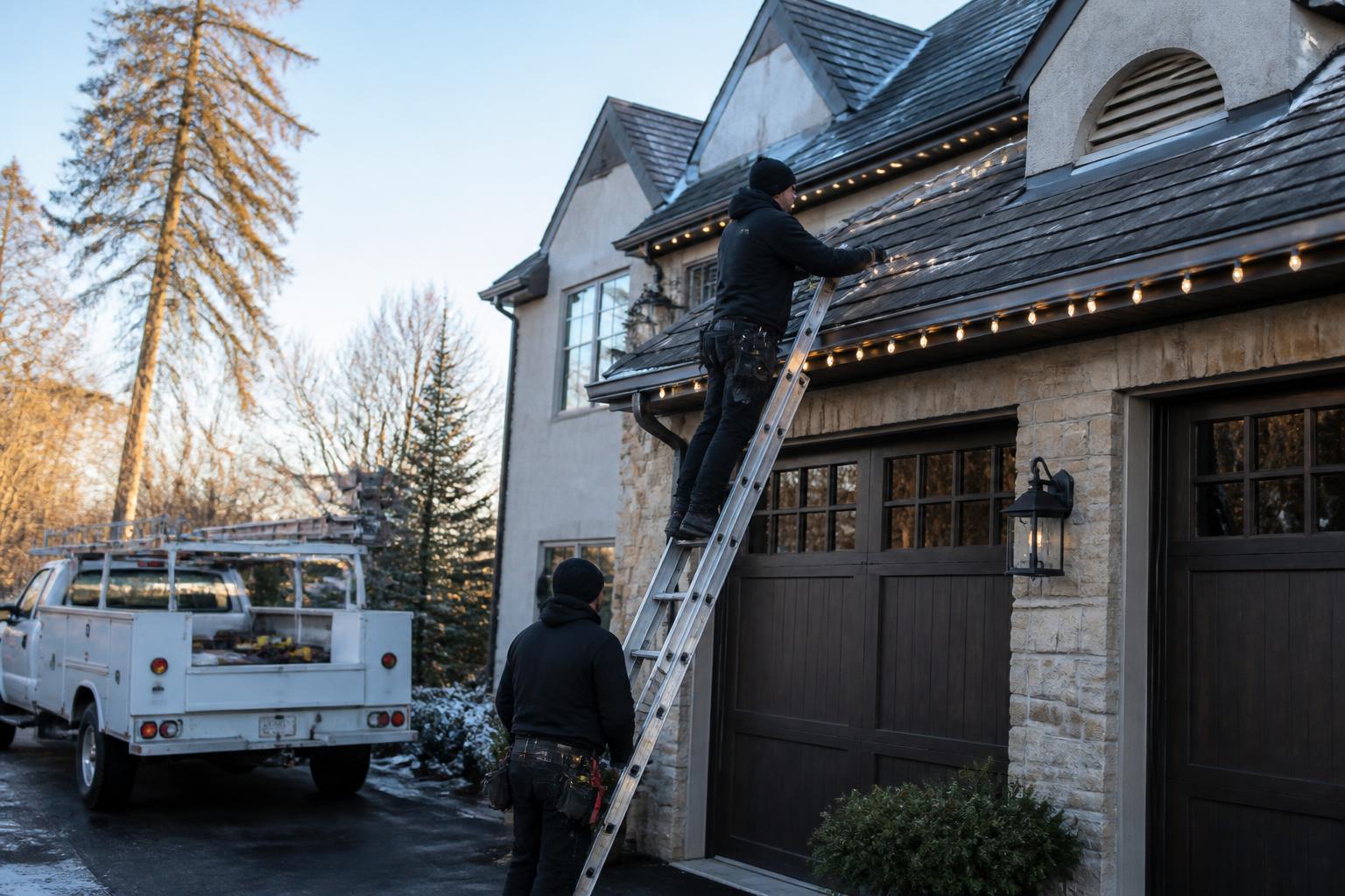 Christmas light installation crew working from a ladder on the roofline of an upscale home in winter afternoon light