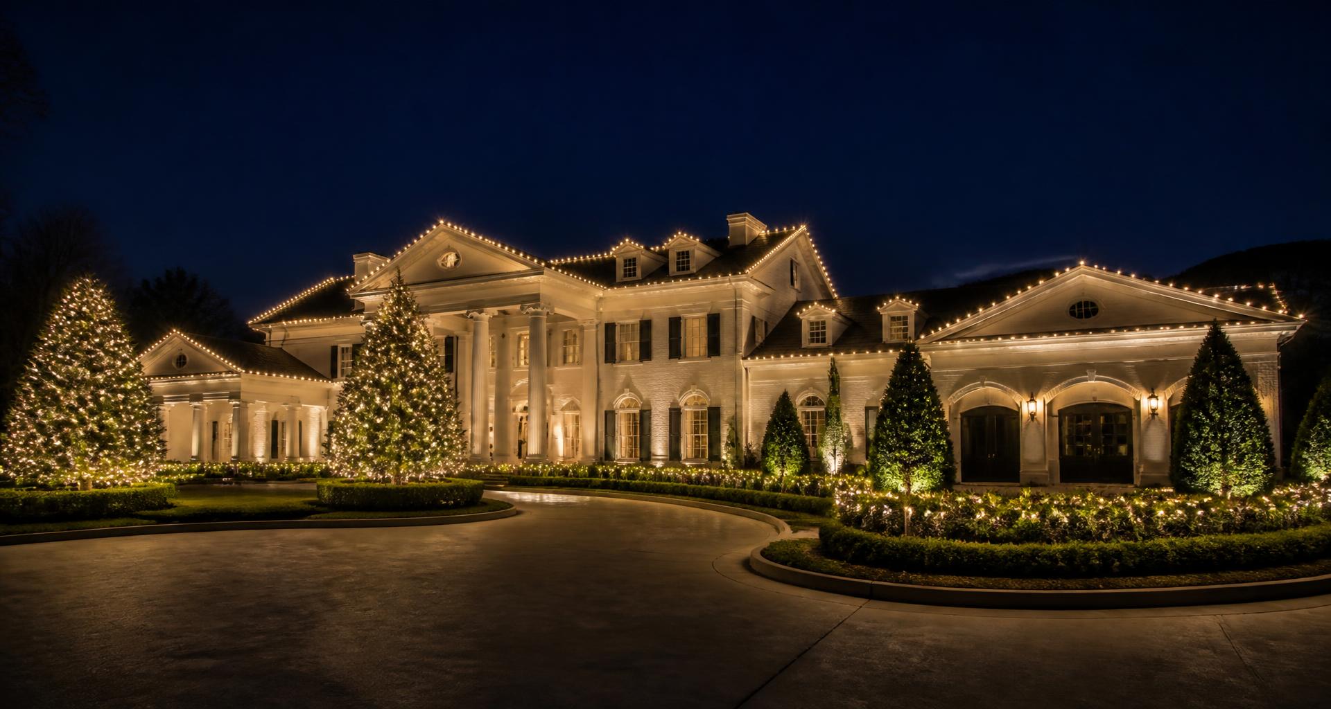 Sprawling white columned estate home lit with professional warm white Christmas lighting along every roofline and a lit circular drive