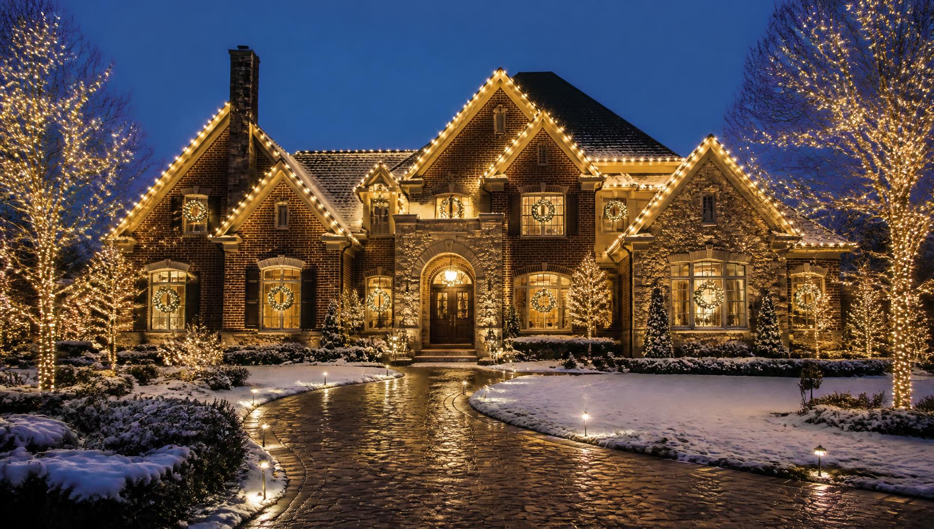 Large upscale brick and stone estate at twilight with warm white C9 Christmas lights on every roofline, lit wreaths in the windows and wrapped landscape trees