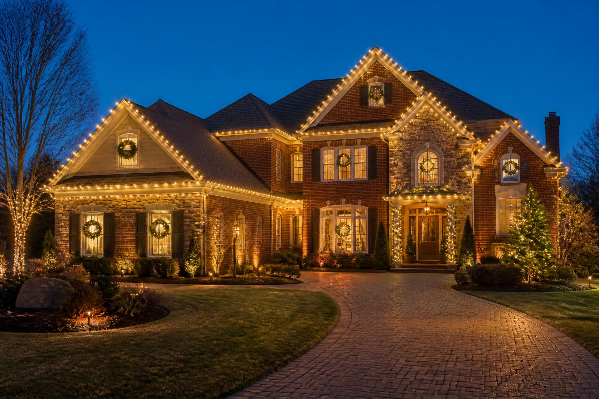 Brick two-story home with warm white C9 Christmas lights on every roofline and lit wreaths in the windows