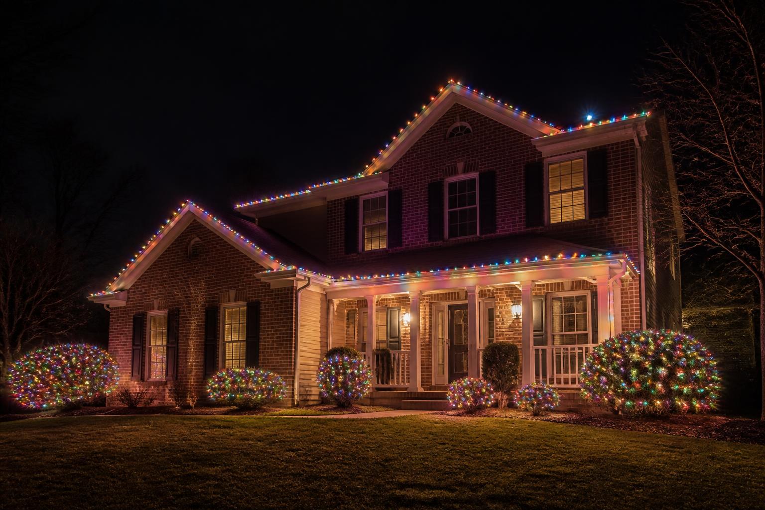 Suburban home outlined in classic multicolor C9 Christmas lights with color-lit shrubs across the front yard