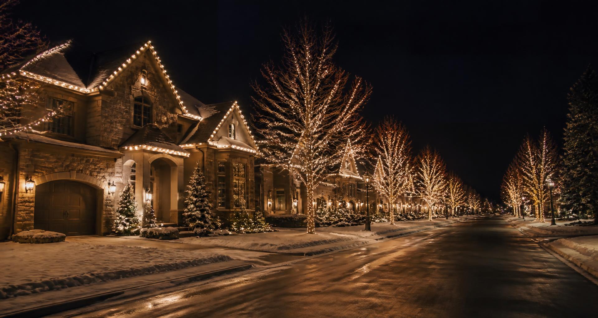 Upscale neighborhood street of homes lit with coordinated warm white Christmas roofline lighting and wrapped street trees