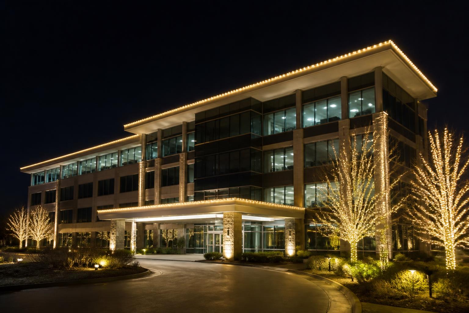 Modern corporate office building with clean warm white architectural Christmas lighting and wrapped entry-drive trees