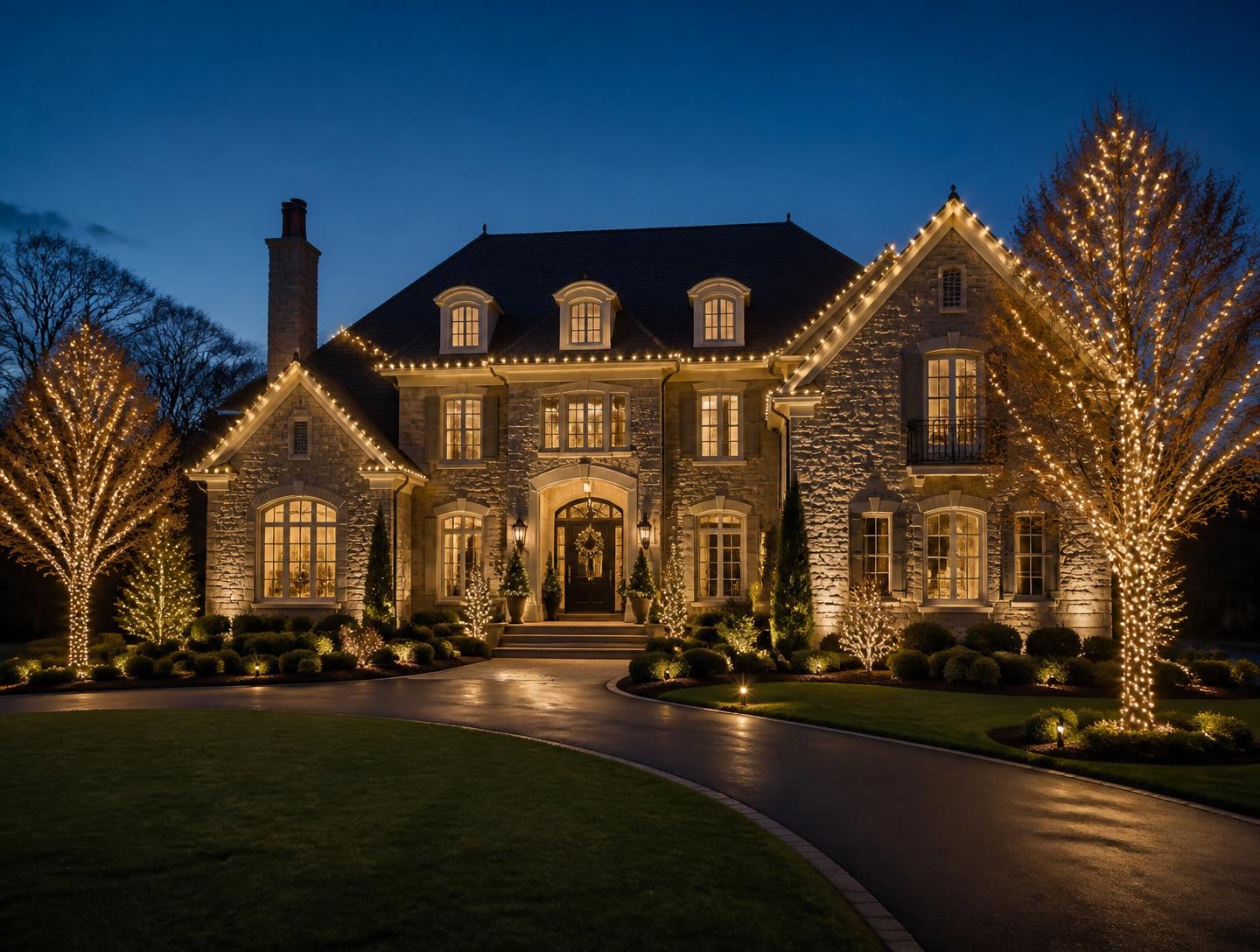 Two-story residential home with warm white roofline Christmas lights, lit wreaths and wrapped front-yard trees