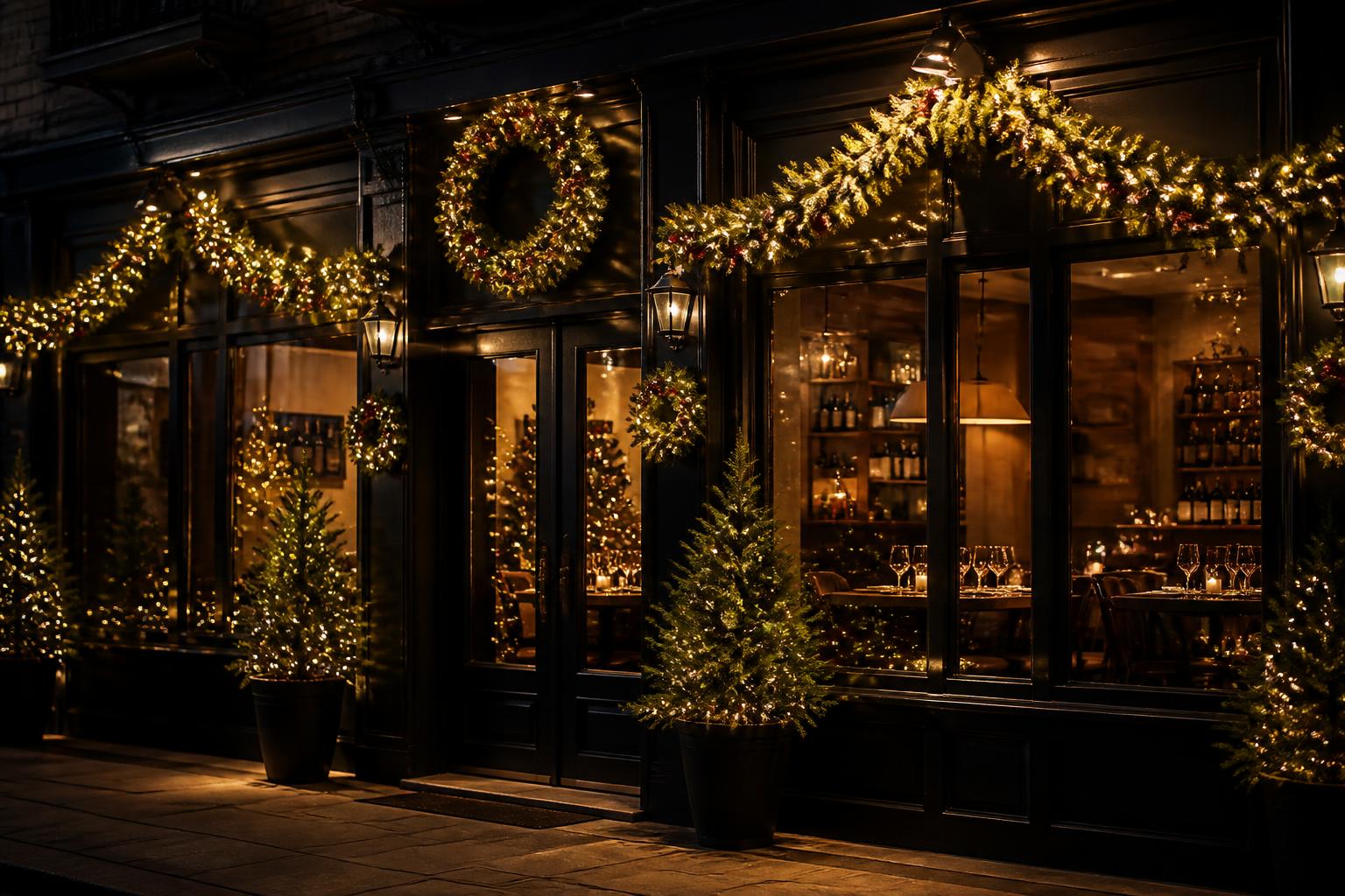 Restaurant storefront decorated with lit garland, wreaths and warm white string lights over the windows and entry