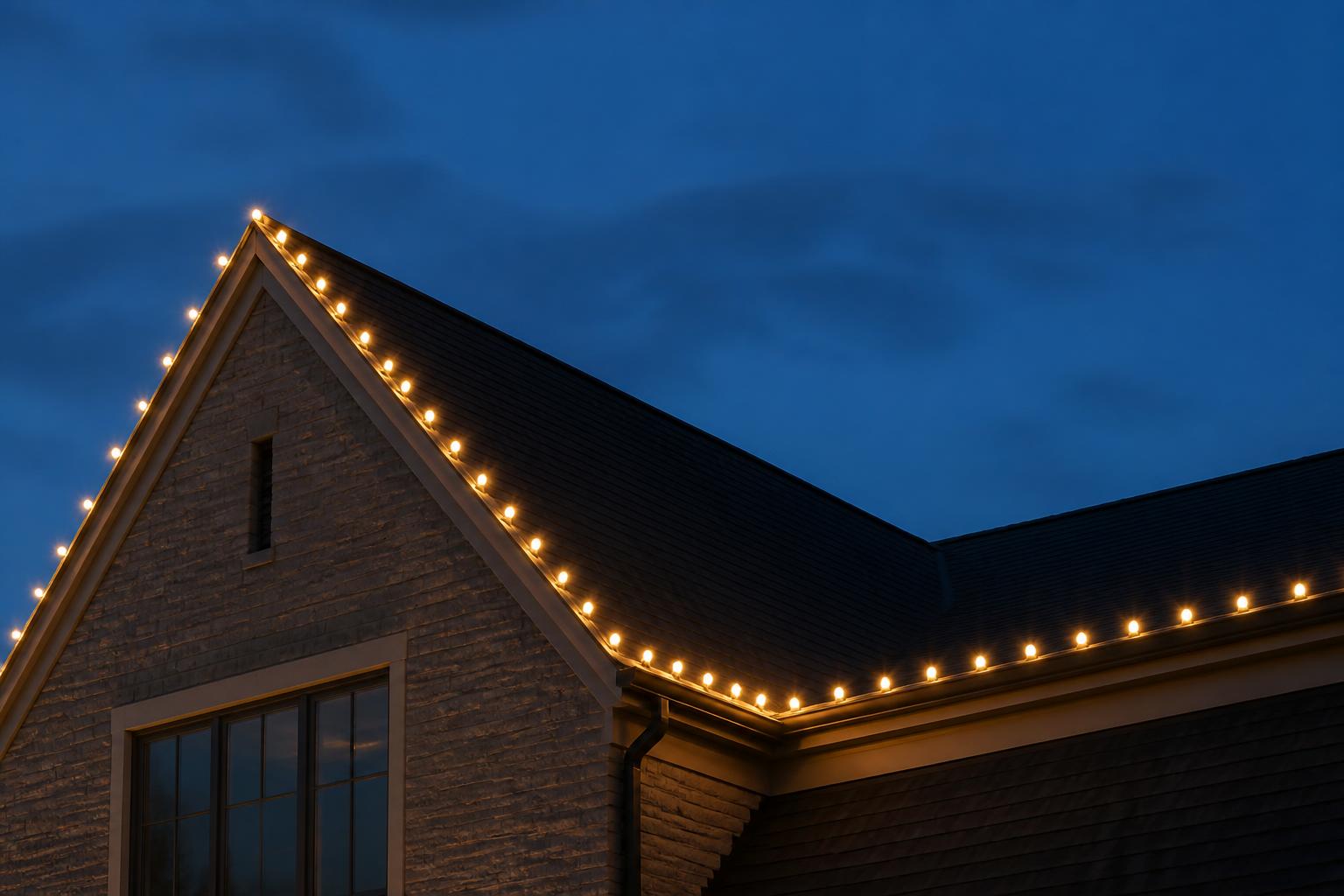 Close-up of evenly spaced warm white C9 bulbs following the peak and ridge of a home's roofline at dusk